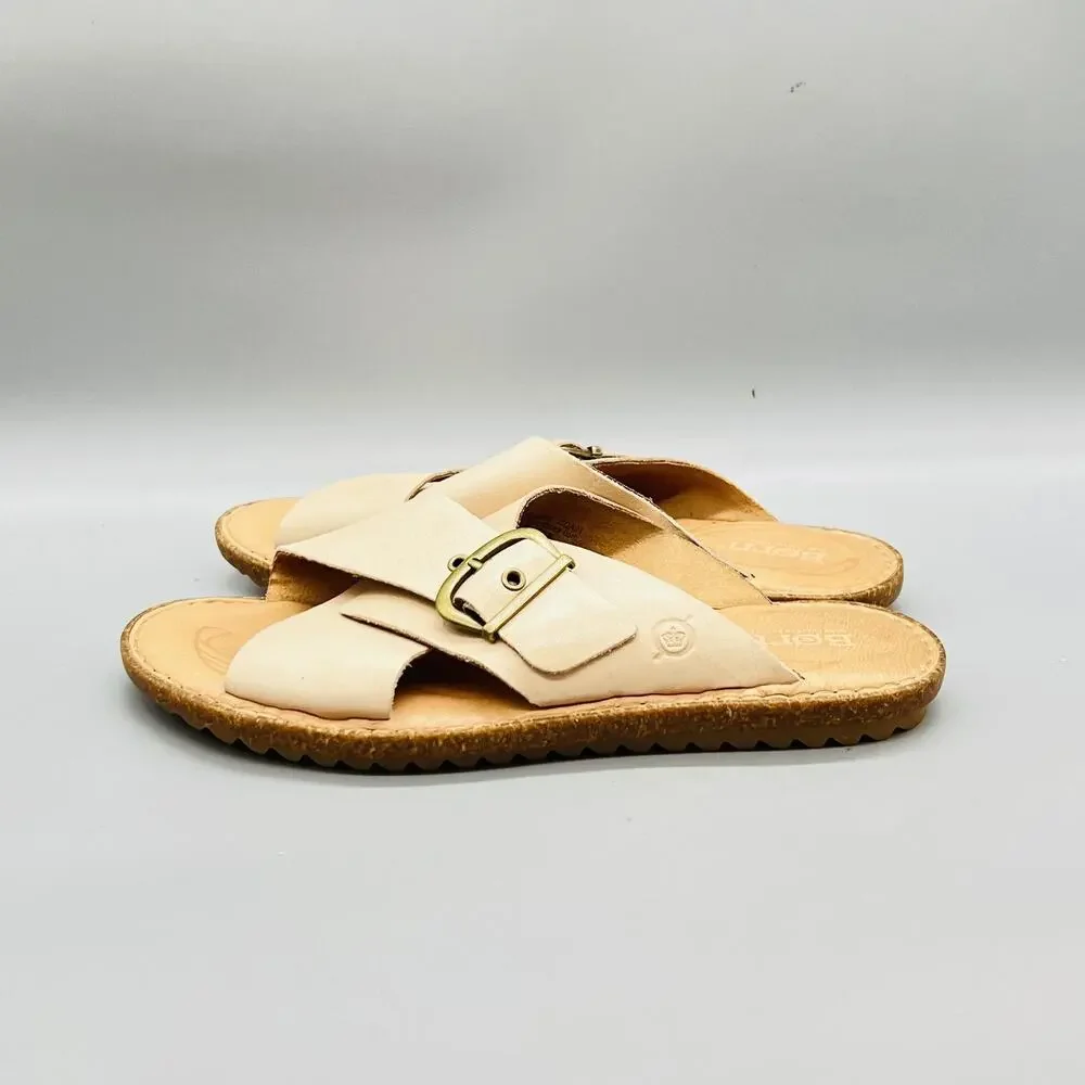 Born Sandals Womens 9 Beige Leather Crisscross Strap Slide Buckle Comfort Shoes